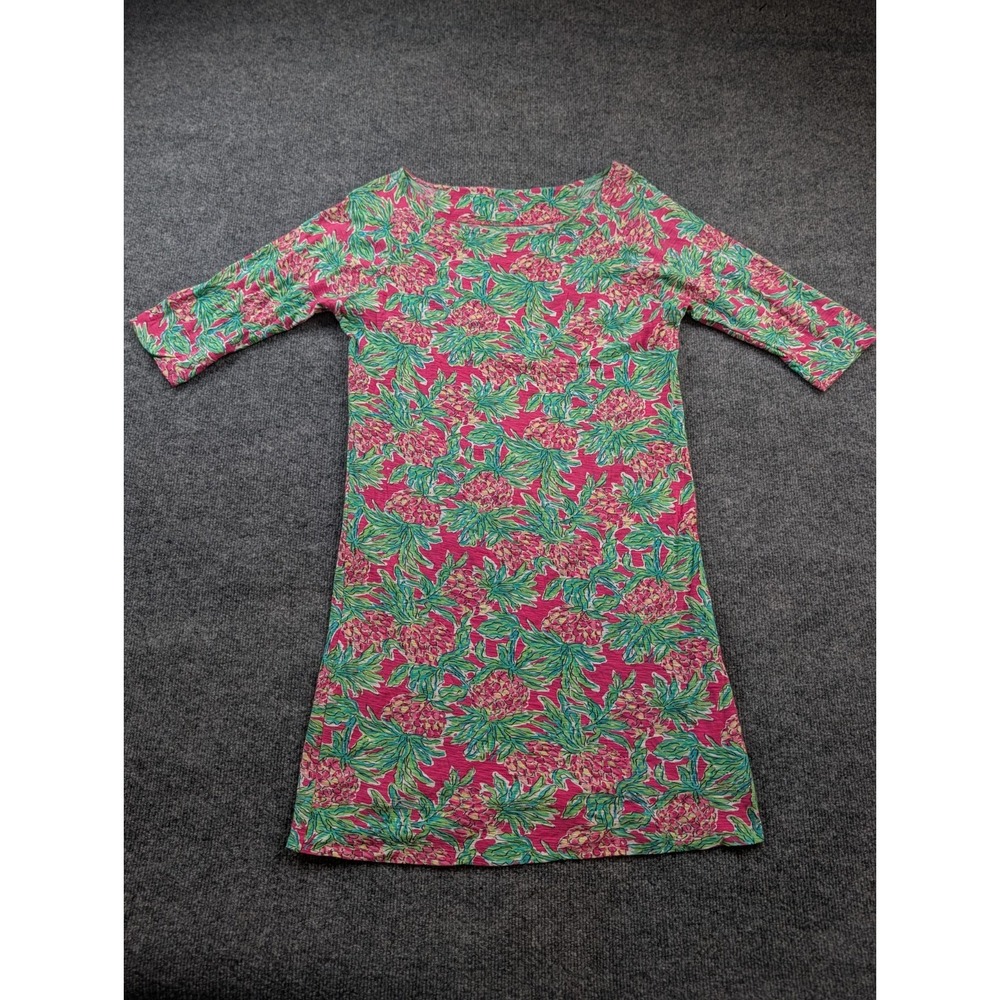 Lilly Pulitzer Womens Dress Medium M Pink Green Pineapple Floral 3/4 Sleeve Cott